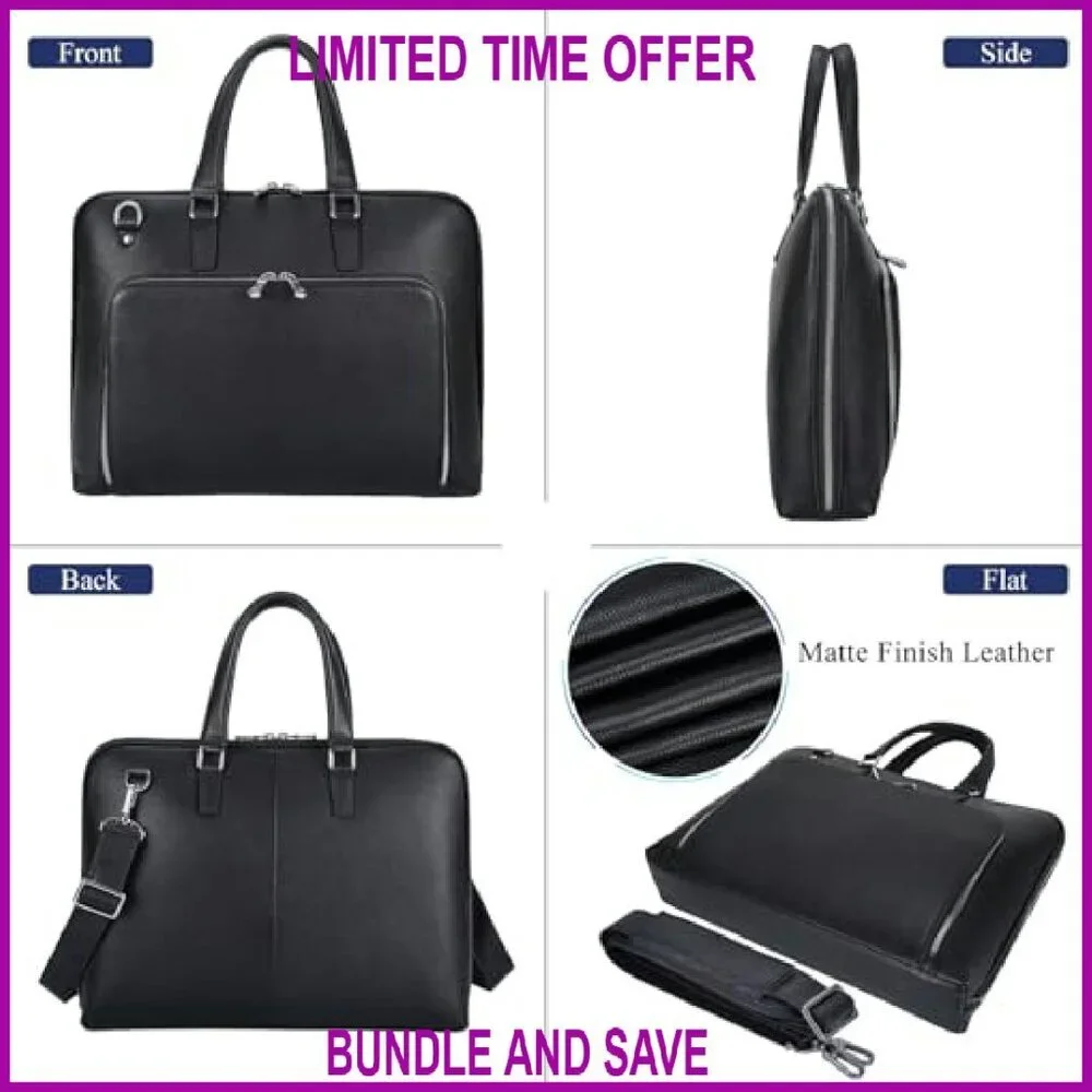 Leather Slim Briefcase for 15.6-16 Inch Laptop Professional Business Messenger